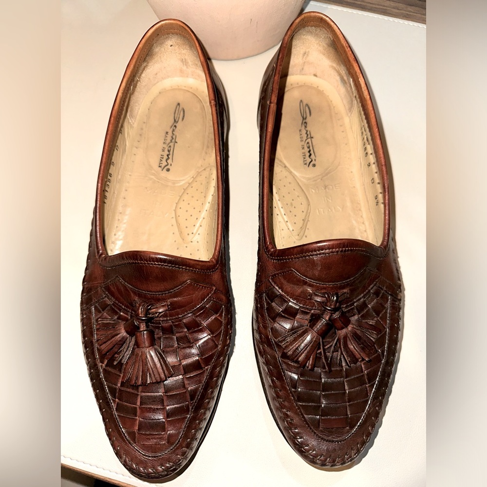 Santoni Men’s Brown Leather Woven Tassel Loafer Slip On